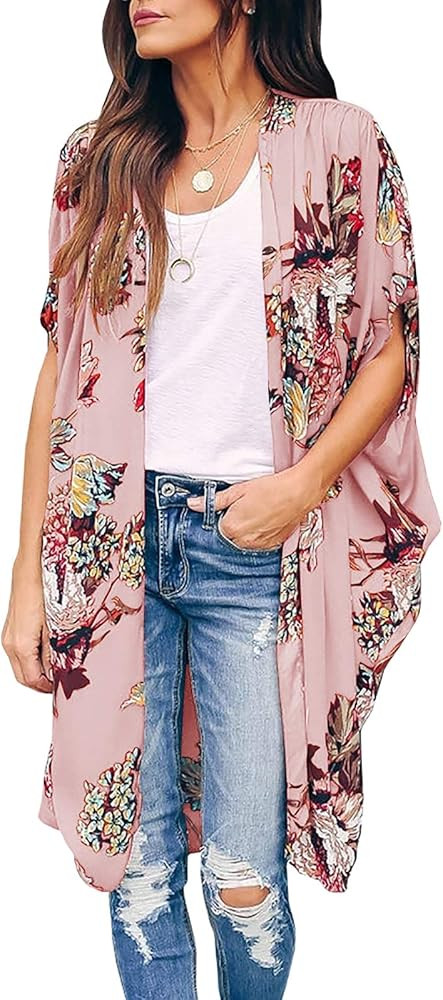 Ivay Womens Floral Kimono Duster Cardigans Short Sleeve Draped Oversized Beach Cover Up Cape | Amazon (US)
