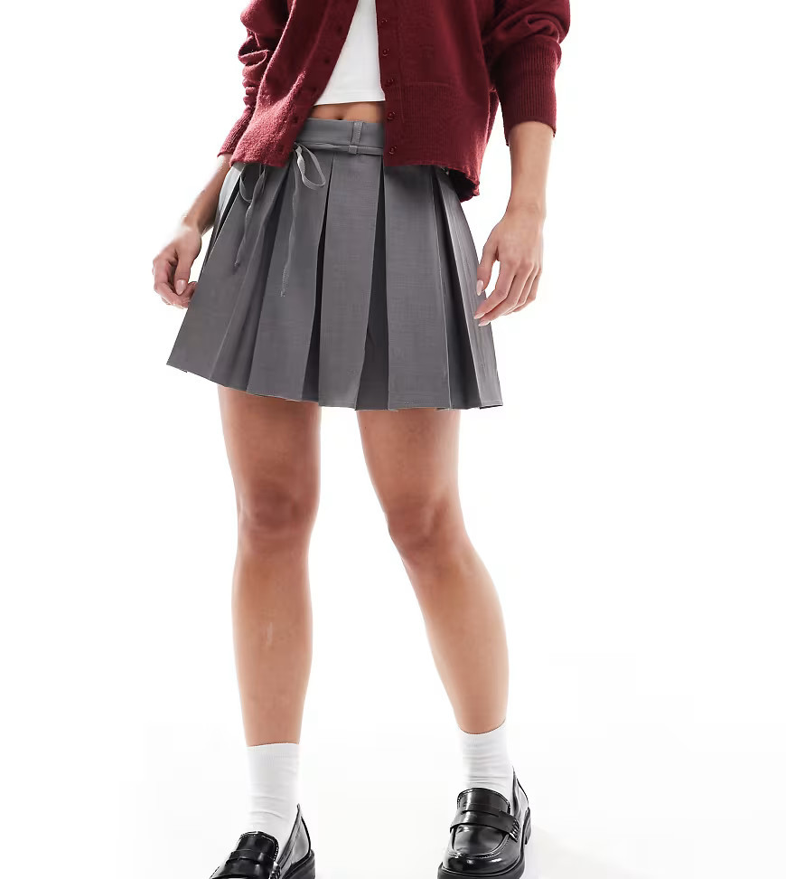 ONLY Petite tie waist pleated mini skirt in grey | ASOS (Global)