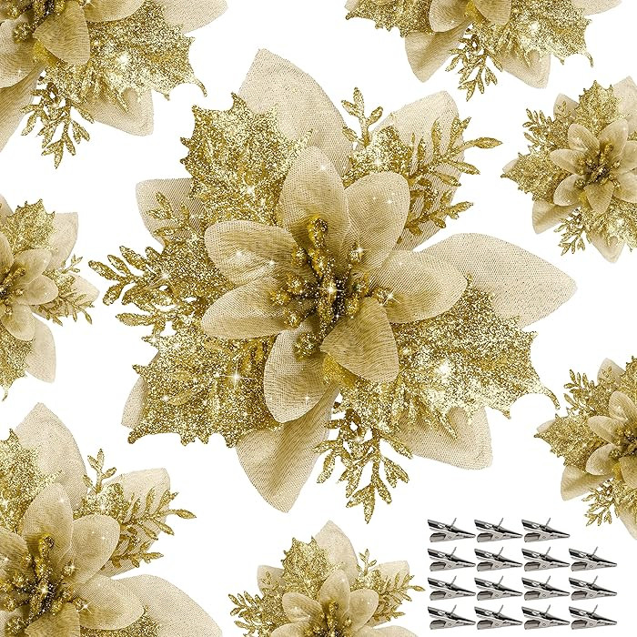 15 PCS Gold Poinsettia Flower Artificial Poinsettia with Clips Christmas Decor Glitter Poinsettia... | Amazon (US)