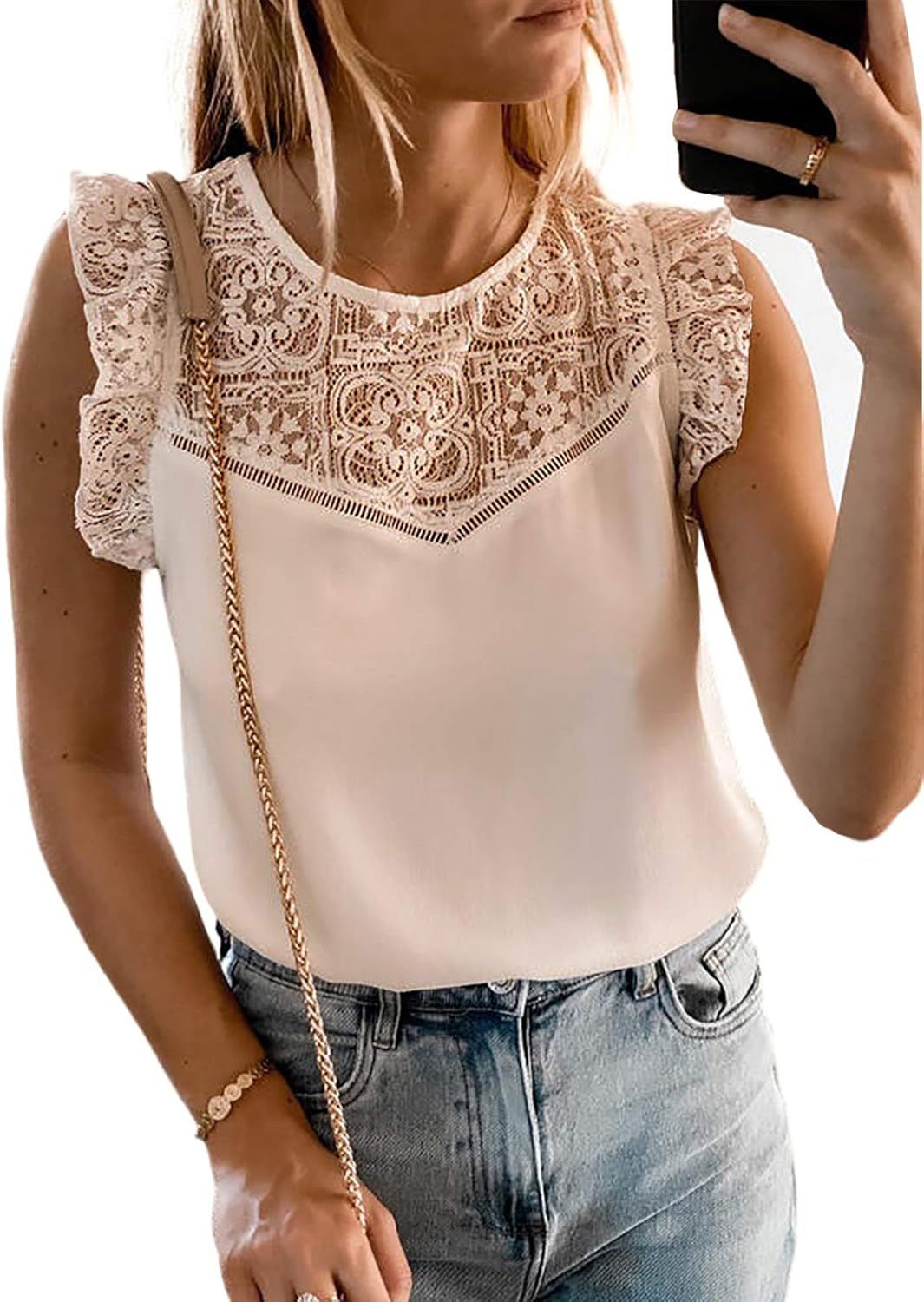 Sidefeel Women Crochet Lace Stitching Shirt Chiffon Sleeveless Tank Tops | Amazon (US)