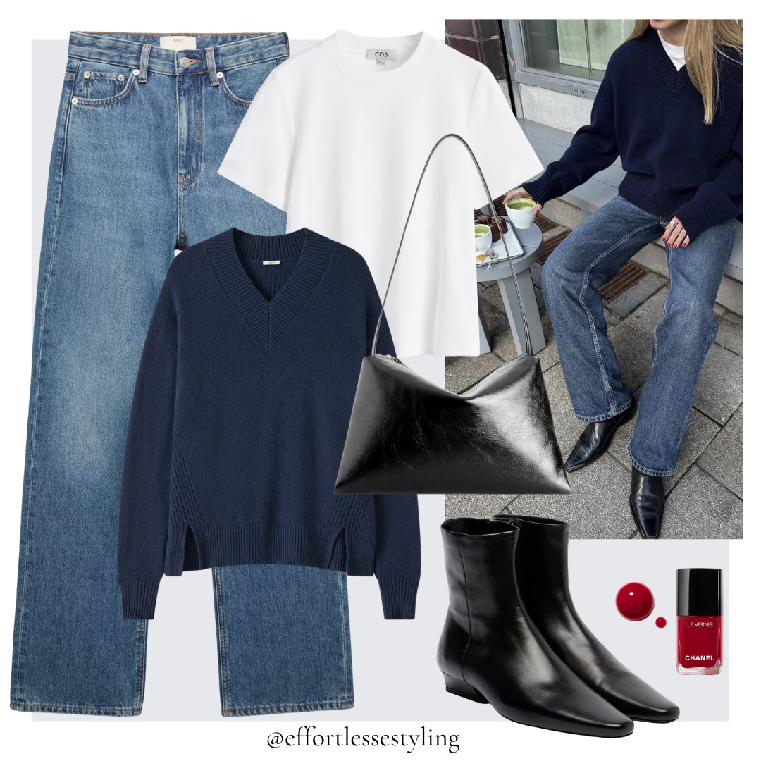 Smart casual jeans outfit. 

White t-shirt, navy cashmere v neck jumper, blue straight leg relaxed jeans, black leather shoulder bag, black leather pointed flat / low heel ankle boots, red nail polish.

#LTKuk #LTKautumn #LTKjeans
