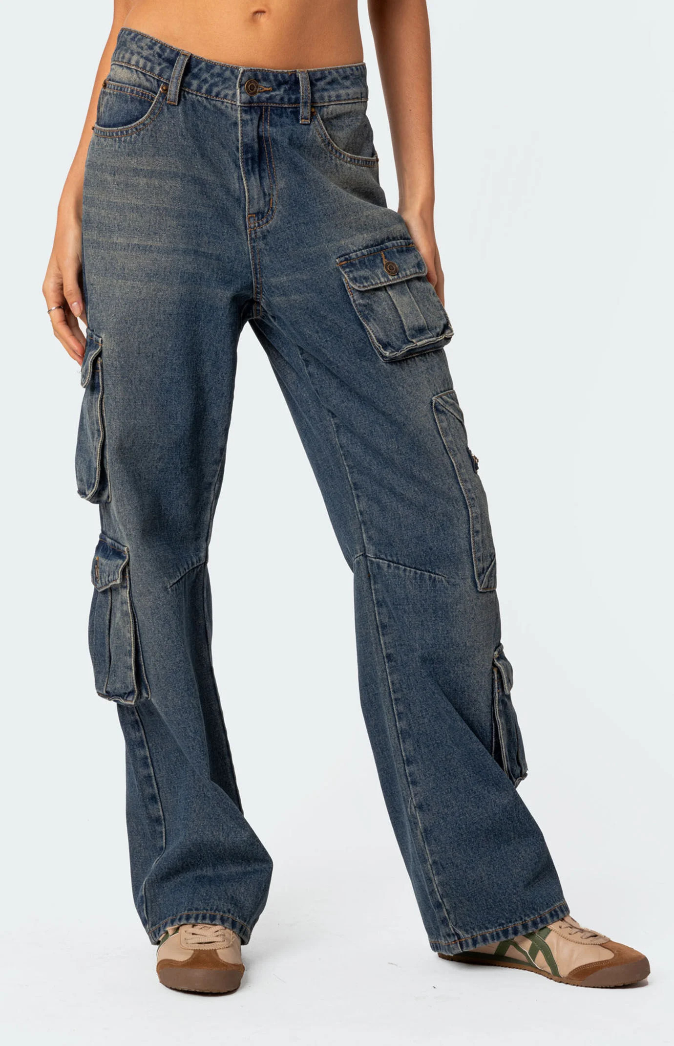 Edikted Women's Baggy Boyfriend Cargo Jeans in Blue - Size XS | PacSun