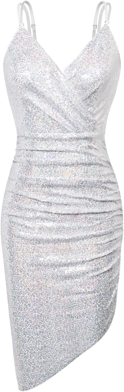 GRACE KARIN Women's Sexy Sequin Sparkly Glitter Ruched Party Club Dress Spaghetti Straps Wrap V-N... | Amazon (US)