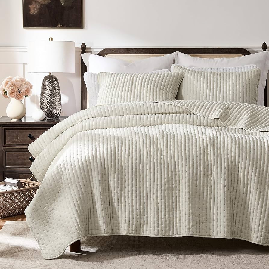 WDCOZY Beige Cross Stitch California Cal King Size Quilt Set, Oversized Netural Striped Lightweig... | Amazon (US)