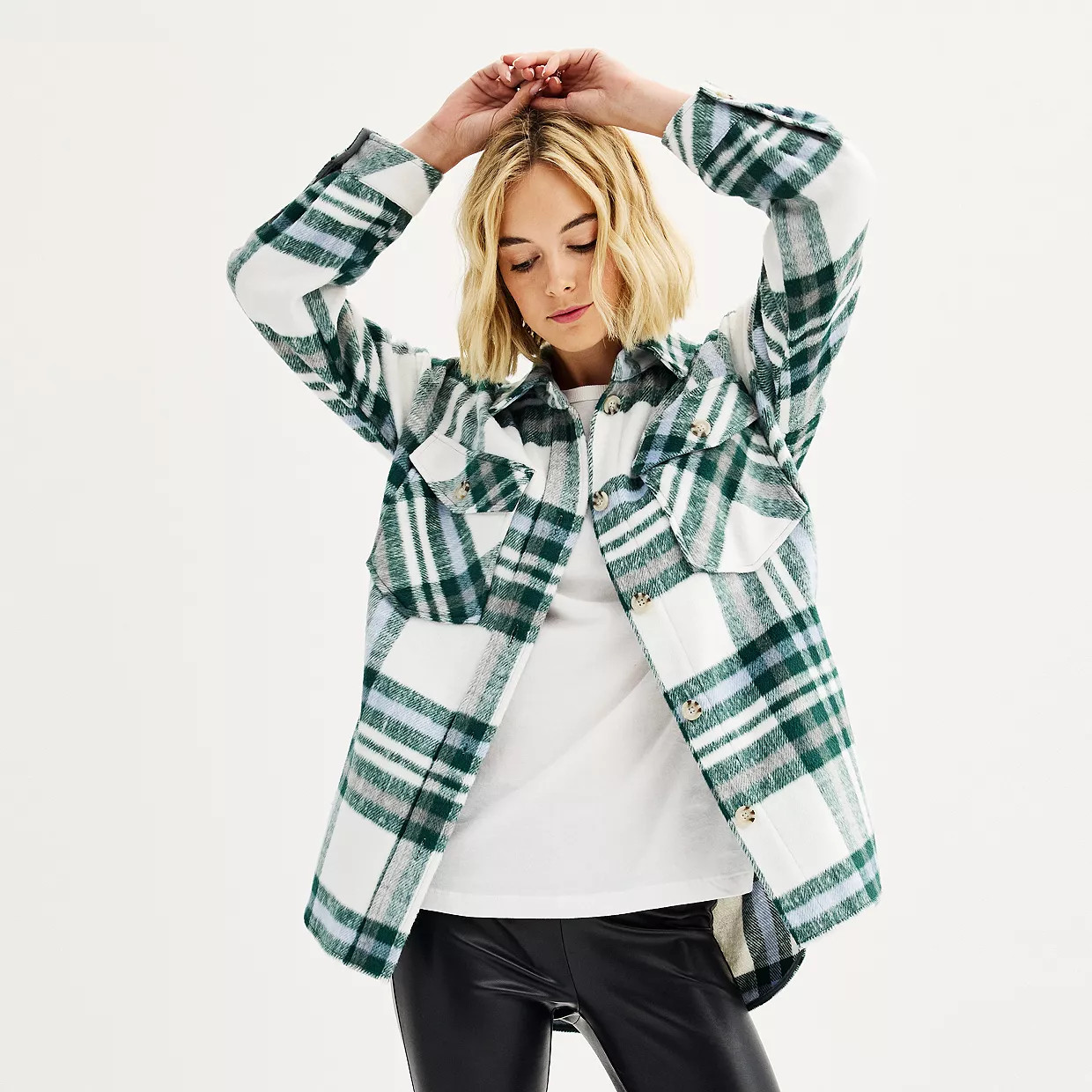 Juniors' SO® Oversized Plaid Shacket | Kohl's