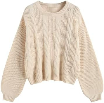 ZAFUL Women's Cable Knit Crewneck Sweater Lantern Sleeve Cropped Chunky Casual Pullover Top | Amazon (US)