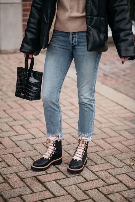 Straight leg jeans. Shearling boots. Leather puffer. Mini bag.

Fall outfit. Winter outfit. Booties.

#LTKshoecrush #LTKHalloween #LTKSeasonal