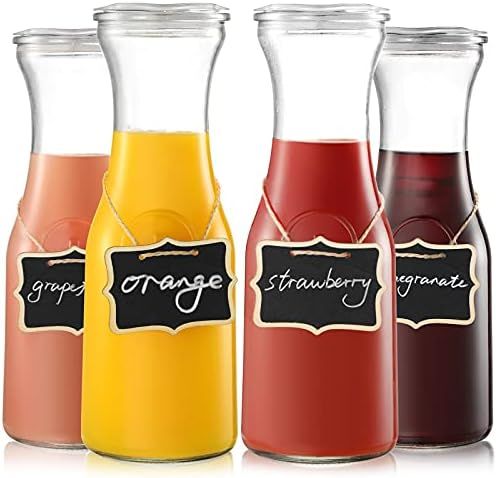 NETANY Set of 4 Glass Carafe with Lids , 1 Liter Beverage Pitcher Carafe for Mimosa Bar, Brunch, Col | Amazon (US)