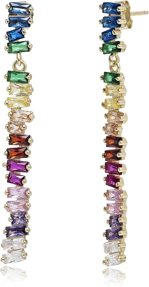 Devin Rose Sterling Silver Rainbow Baguette Cubic Zirconia Bar Drop Dangle Earrings for Women with Post and Nut Backs | Amazon (US)