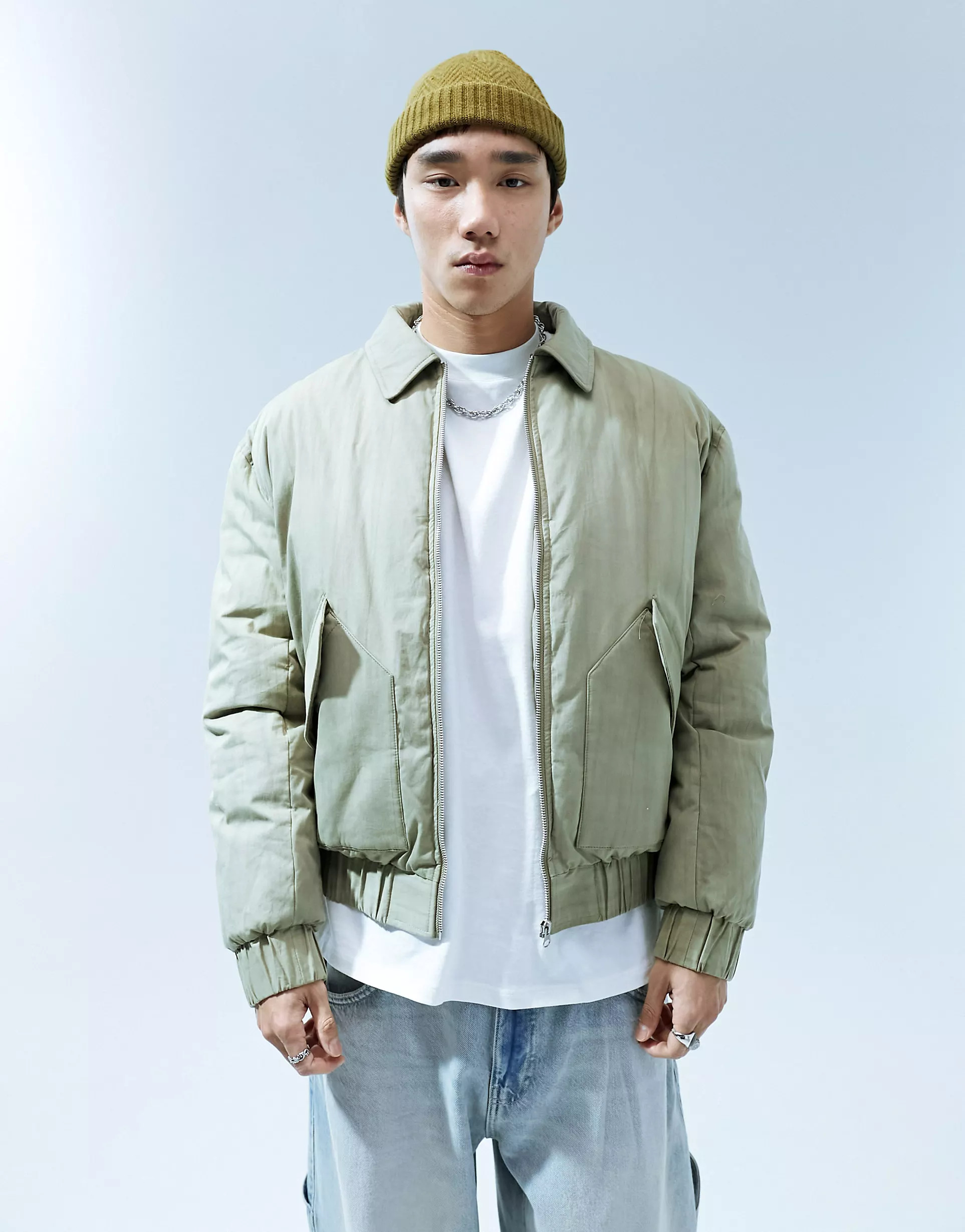 ASOS DESIGN oversized washed bomber jacket in khaki | ASOS (Global)