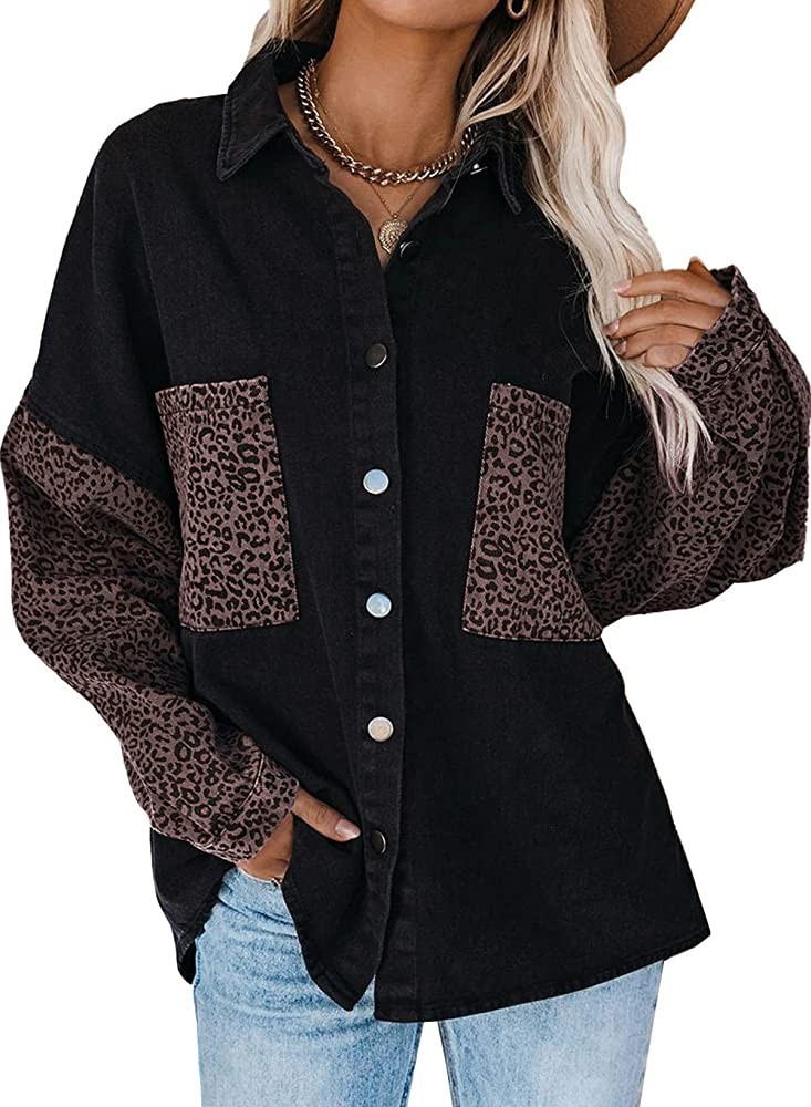 Dokotoo Womens Contrast Leopard Denim Jacket Long Sleeve Button Down Shirts Boyfriend Oversized B... | Amazon (US)