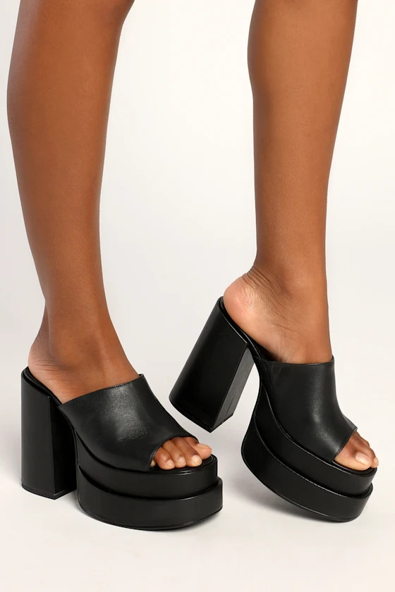 Cagey Black Leather Double Platform High Heel Slide Sandals | Lulus (US)