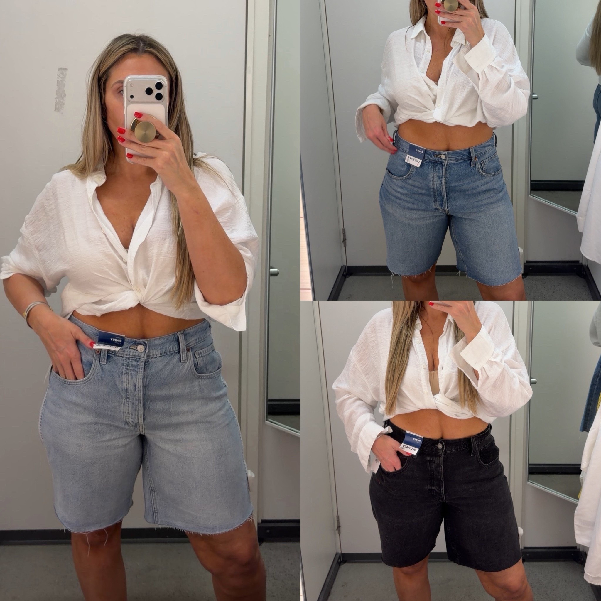 5’8 200 lbs 33 waist 46 hip. Loved these so much. Light drapey non stretch denim. Wearing my true to size 12; fit slightly loose through hip and thigh with no waist gap. 100% cotton will stretch out a tad. note: The black wash in this style fit slightly tighter in the 12. Wearing my Fav white Amazon button down tied up in a size  XL. also linked my fav old navy button down I wear XL



@oldnavy
 
#denimshorts

#LTKOver40 #LTKootd #LTKOver40