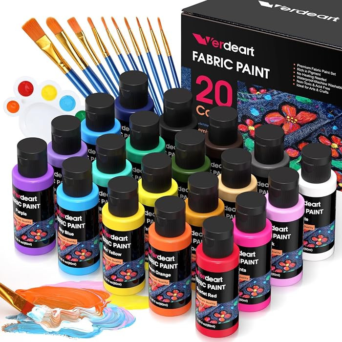 Fabric Paint, 20 Colors Permanent Soft Fabric Paint Set for Clothes in Bottles (60ml/2oz) with 10... | Amazon (US)