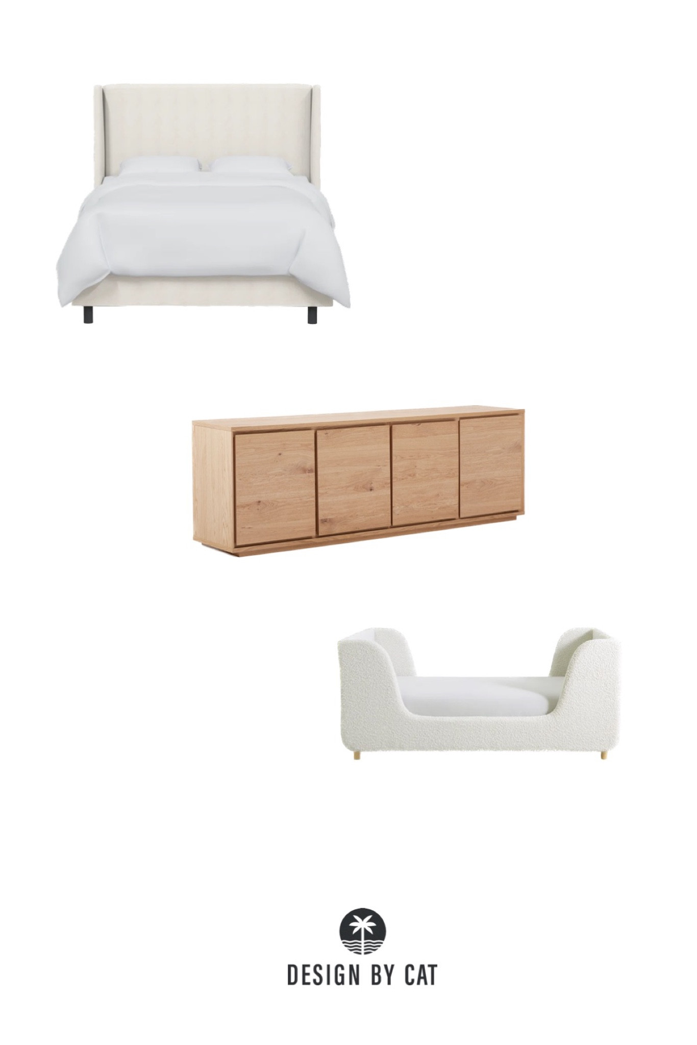 White upholstered bed
Natural oak style media console
Boucle style toddler bed/sleigh bed

#LTKhome