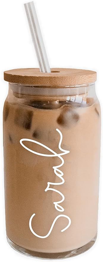 Personalized Iced Coffee Glass with Bamboo Lid & Plastic Straw, 16 oz Can Shaped Coffee Cup, Cust... | Amazon (US)
