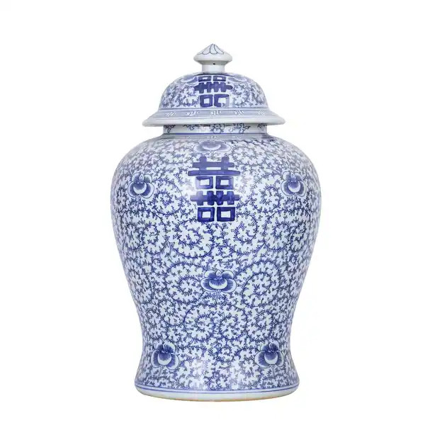 Blue And White Porcelain Double Happiness Floral Temple Jar - Overstock - 20645132 | Bed Bath & Beyond