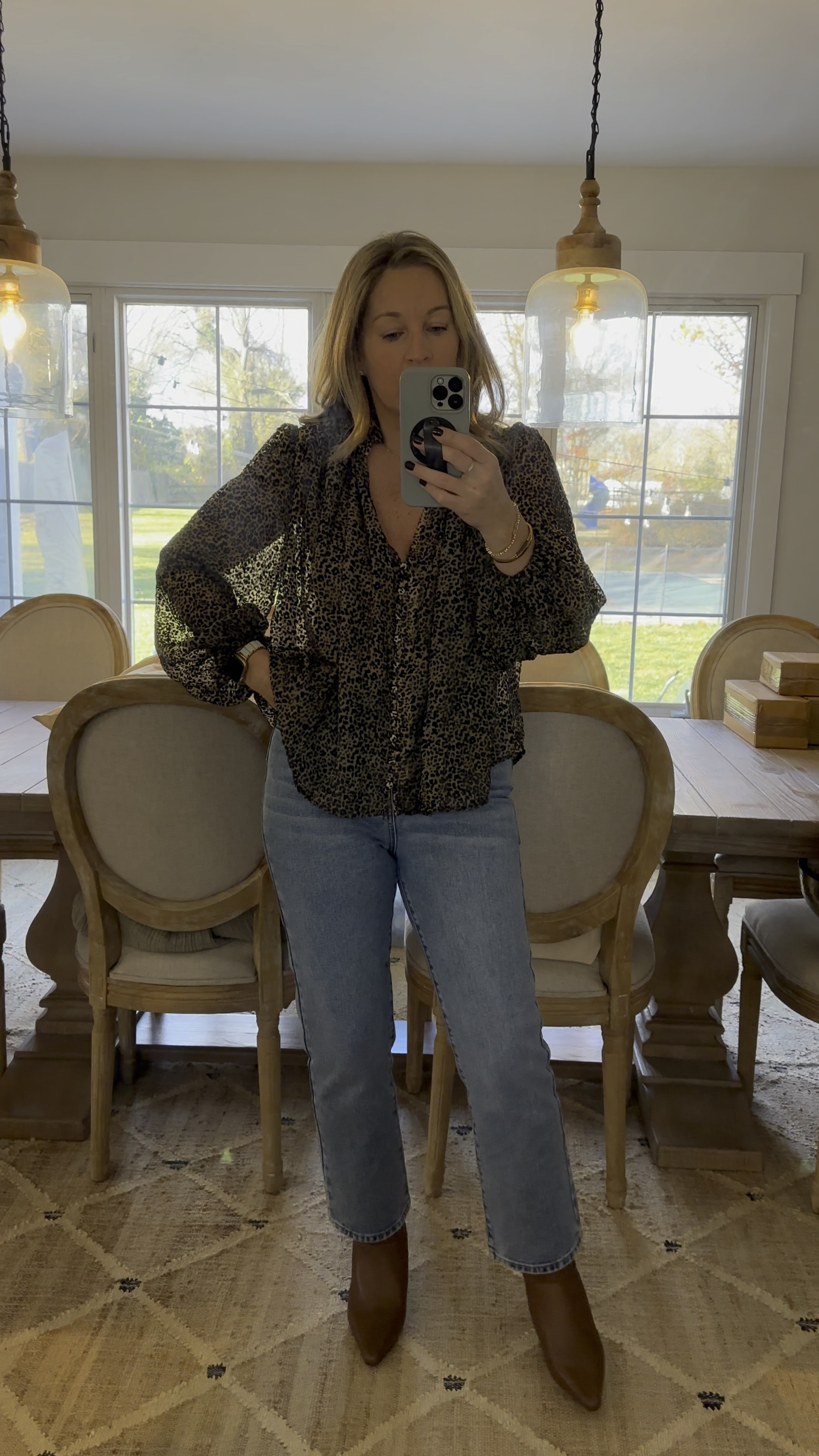 Obsessing over this leopard top! I’m in an XS but think I may want a S bc the seams around the shoulders are a tad tight but not unbearable. It’s beyond the quality I expected though. It’s sheer yet not see through and you don’t need a cami. The black print is also velvet and so luxe. The whole shirt feels soft, not like a sheer blouse. It’s just GOOD! Boots need a size down  

#LTKGiftGuide #LTKCyberWeek #LTKWatchNow