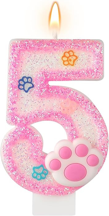 Dog and Cat 5th Birthday Candle Pink Numbers 5 Candle Paw Cake Topper Cupcake Decorations for Pet... | Amazon (US)