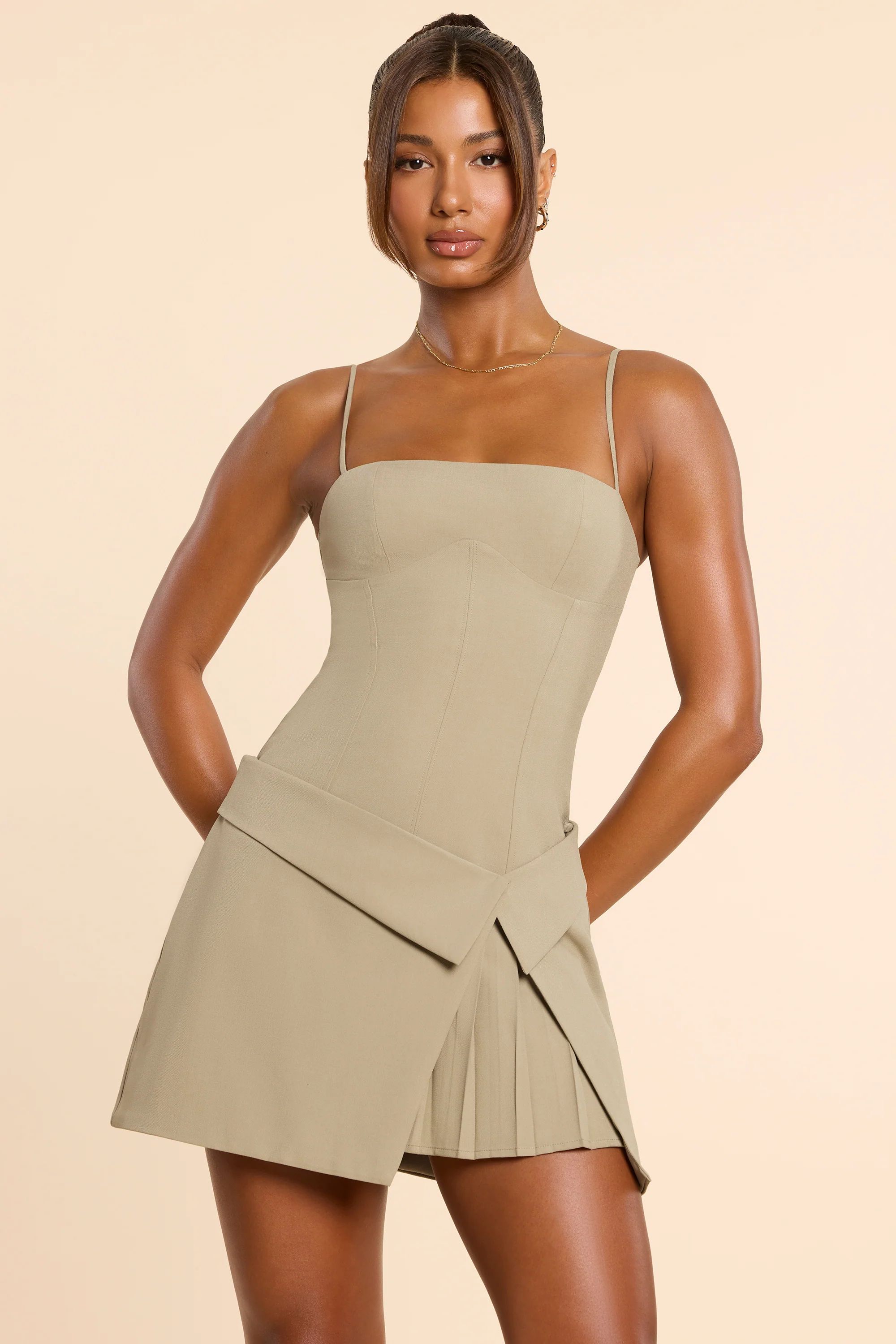 Woven Twill Wrap Over Pleated Mini Dress in Taupe | Oh Polly