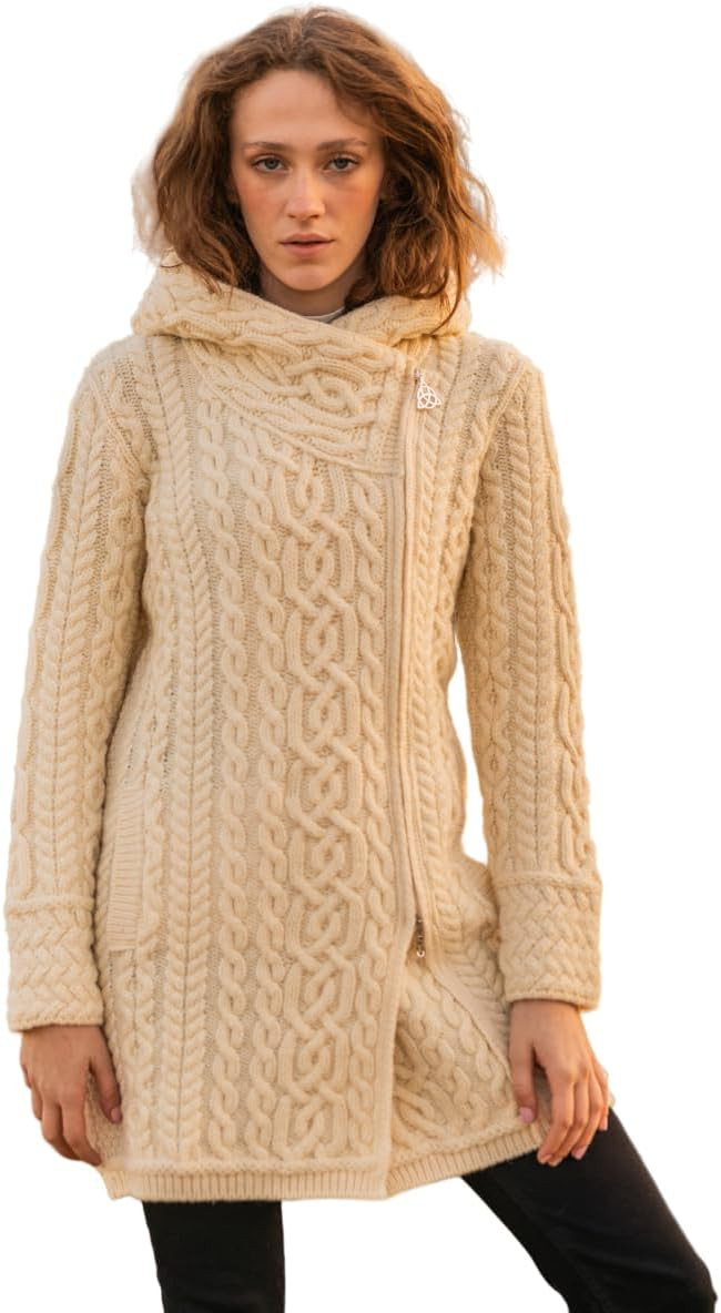 SAOL Ladies Irish Aran Zip Cardigan - 100% Merino Wool Coat with Pockets and Hood, Made in Ireland | Amazon (US)