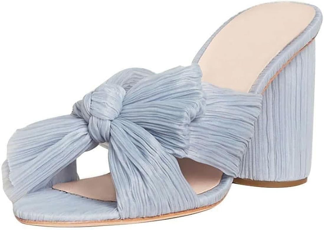 Atsroel Womens Pleated Bowknot Slides Sandals Open Toe Backless Heeled Sandals Ankle Strap Block ... | Amazon (US)