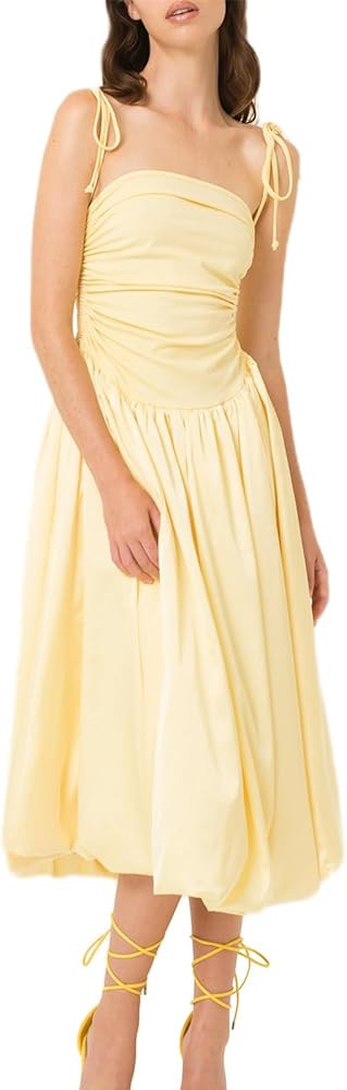 Women Tie Shoulder Midi Dress Spaghetti Strap Bubble Hem Puff Maxi Dress Drop Waist Vocation Summ... | Amazon (US)