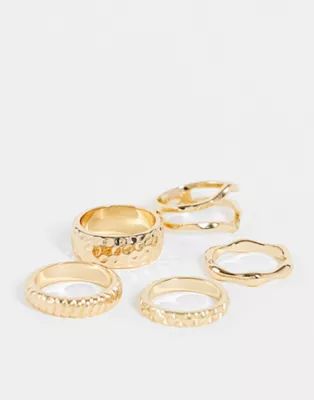 ASOS DESIGN pack of 5 rings in textured designs in gold tone  | ASOS | ASOS (Global)