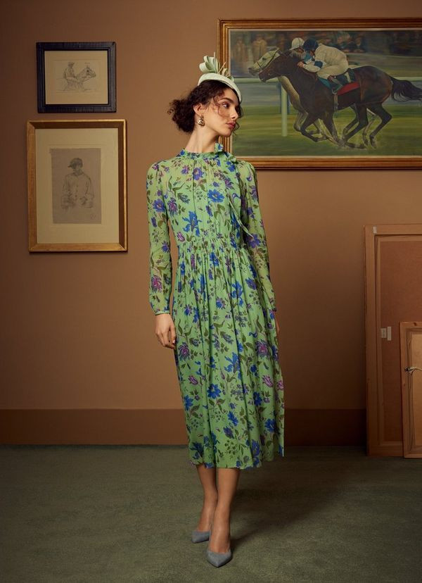 Gish Green Romance Floral Print Tie Neck Silk Dress | L.K. Bennett (UK)