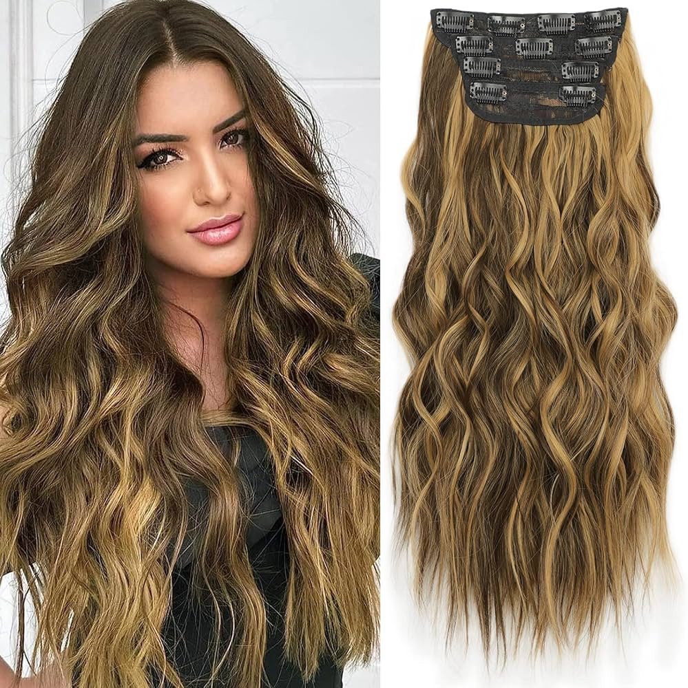 KooKaStyle Clip in Synthetic Highlight Hair Extensions Long Wavy 4PCS Thick Hairpieces Balayage C... | Amazon (US)