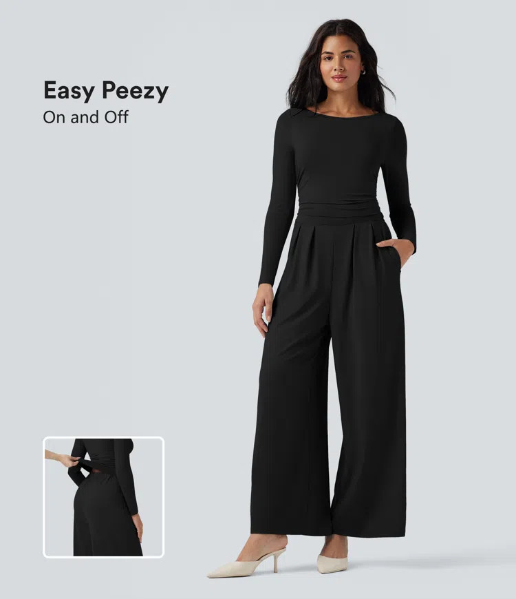 Women’s Boat Neck Long Sleeve Wide Leg Casual Jumpsuit with Pockets-Easy Peezy Edition - Halara | HALARA