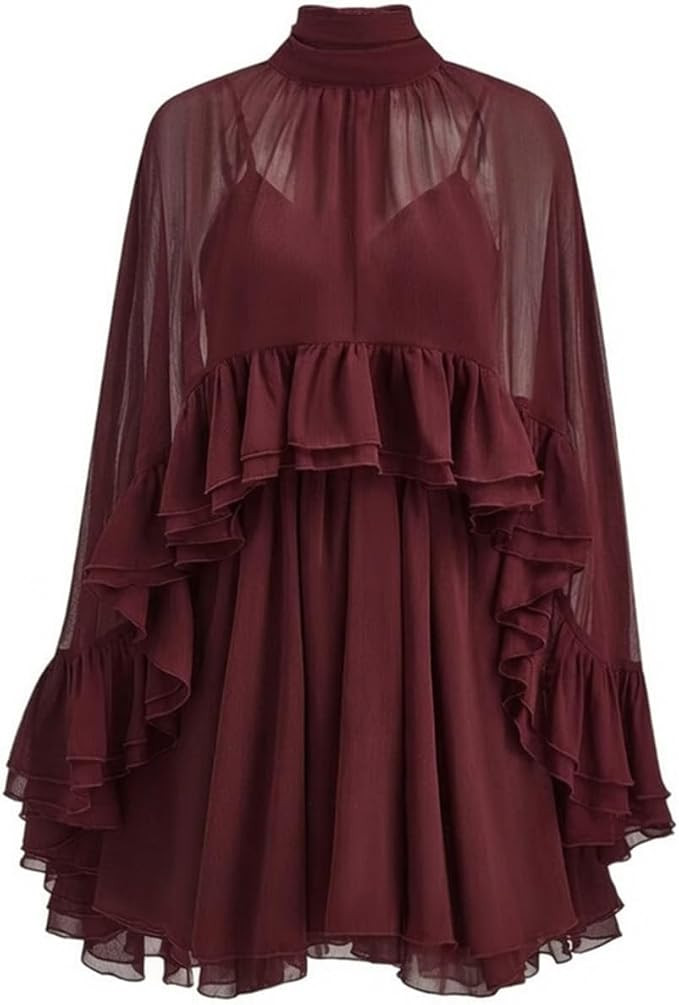 Women’s Semi Sheer Chiffon Ruffle Dress with Outer Cape, Poncho Sleeve Flowy Mini Dress, Loose ... | Amazon (US)
