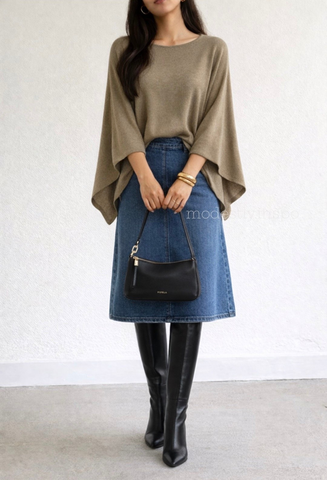 cape top, denim skirt, midi skirt, midi denim skirt, crop top cape top, H&M cape top, high knee boots, black high knee boots, denim style, midi skirt boots combo, black purse, modest style, modest fashion, outfit ideas, outfit inspo, affordable fashion 

#LTKootd #LTKSaleAlert #LTKgrwm