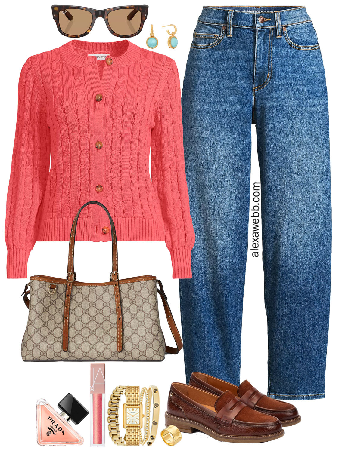 Plus Size Coral Cardigan Outfits - A plus size casual outfit idea for winter into spring with a bright coral cable knit cardigan. This beautiful bright coral cardigan is paired with barrel leg jeans, loafers, Gucci tote bag, and blue earrings. So cute! Alexa Webb #plussize #alexawebb 

 #LTKOver40 #LTKMidsize #LTKPlusSize