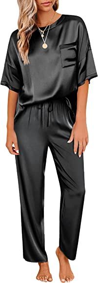 Ekouaer Women's Satin Silky Pajama Set Short Sleeve T-shirt with Long Pajama Pant Se... | Amazon (US)