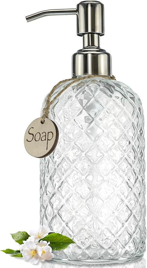 JASAI 18Oz Gem Patterned Clear Glass Soap Dispenser with Rust Proof Pump, Refillable Hand soap Di... | Amazon (US)