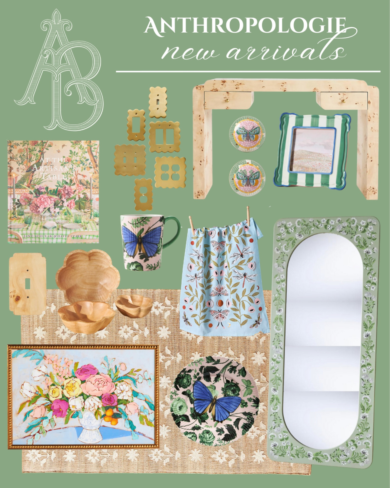 New Grandmillennial home arrivals at Anthropologie! 💗🦋🍃

Burl wood console table, colorful floral painting, hand painted floor mirror, scalloped brass switch plates, butterfly salad plates, butterfly coffee cup, spring vibes, flower wooden bowl set, floral ikat jute rug, cute dish towel, coffee table book, Grandmillenial home decor, new traditional style, grasscloth wallpaper, natural home, house beautiful, furniture refresh

#LTKhome #LTKstyletip #LTKFind
