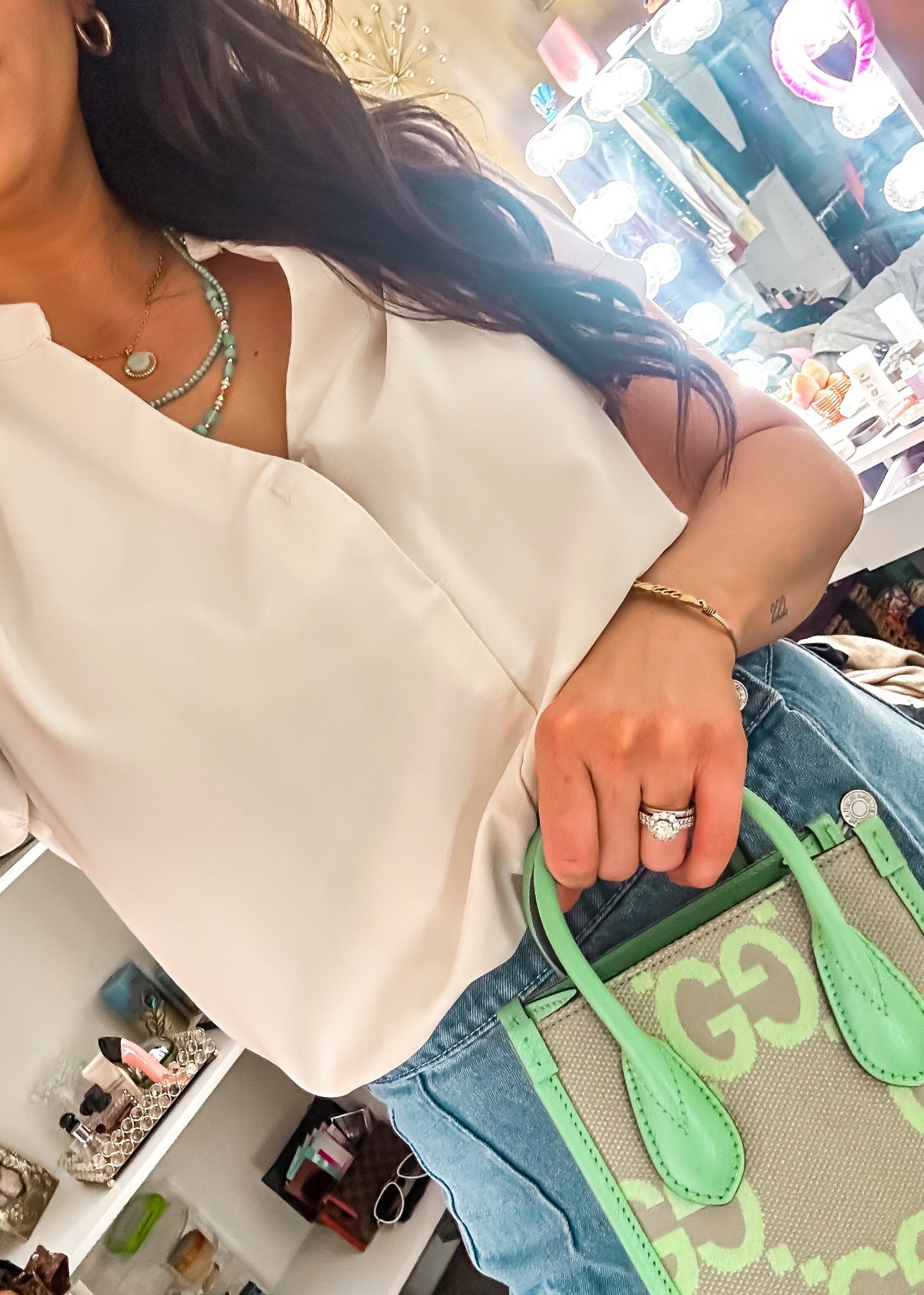 Minty fresh accessories for the win. ✨ Obsessed with the neckline on this top and how it layers with my favorite necklaces. Linking the outfit details for you guys! @Vivrelle 

#LTKTall #LTKdayinmylife #LTKootd