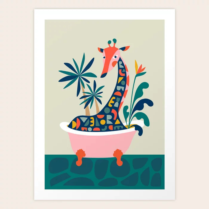 Giraffe In Bathtub Art Print | Society6