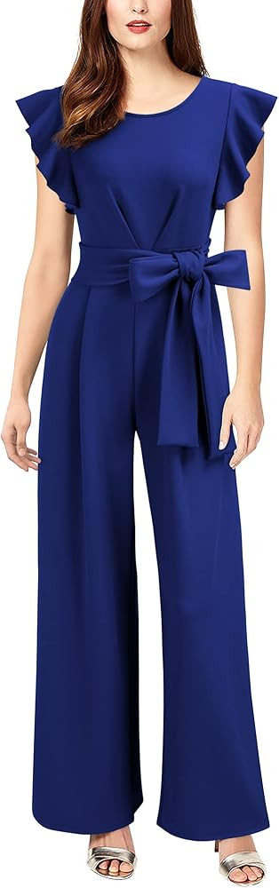 Knitee Women's Vintage Sleeveless Ruffle High Waist Wide Leg Romper Formal Long Jumpsuit with Bel... | Amazon (US)