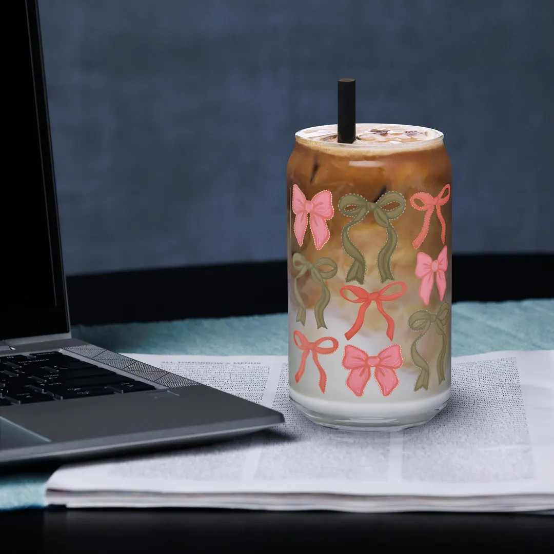 Christmas Bows Beer Can-shaped Glass, Coquette, Red & Green Ribbon, Holiday Season, Iced Coffee G... | Etsy (US)