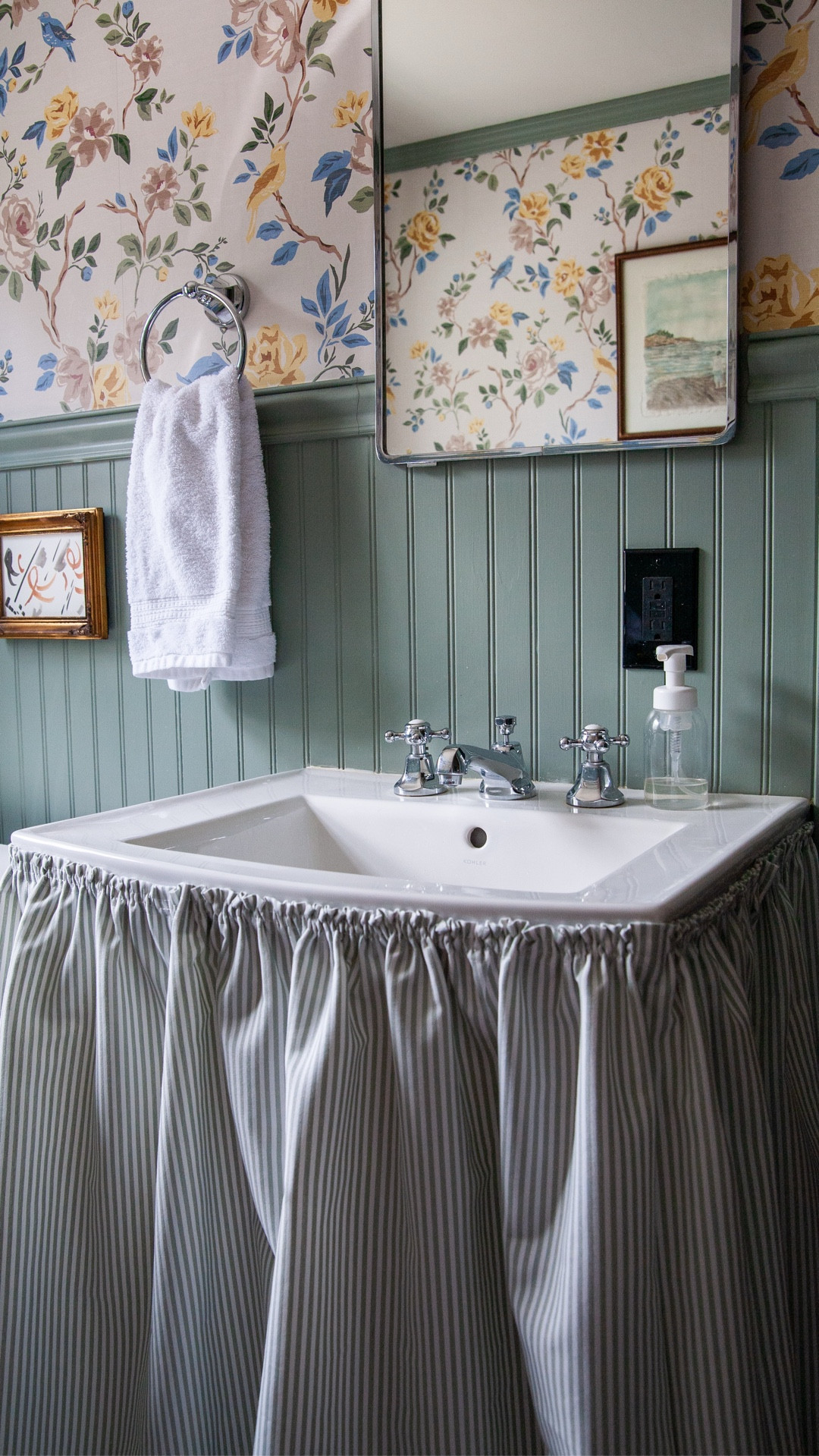 I do have a legitimate tutorial for sink skirts just like this on my blog if you want the longer version! This fabric matches the @twopagescurtains Roman shade on this window and I chose a light sage green stripe to pick up the painted trim and @chasingpaper wallpaper. 

#LTKHome