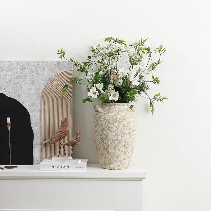 LuxenHome Big Rustic Ceramic Vase, 16" Tall Off-White with Brown Round Vintage Pottery, Large Vas... | Amazon (US)