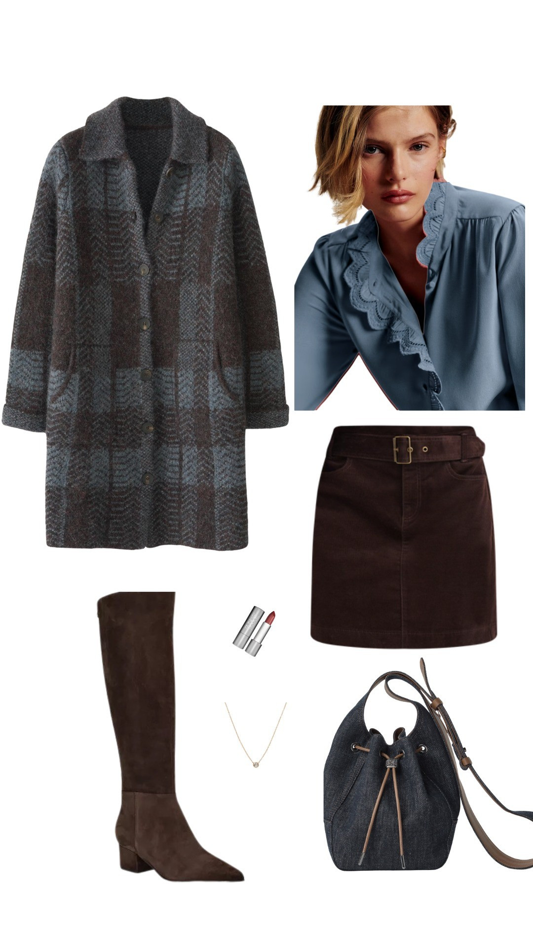 A chocolate brown corduroy miniskirt looks so romantic when paired a dusty blue silk blouse and blue and brown plaid coat. Tall brown suede boots finish this luxe look.

#LTKSeasonal #LTKOver40 #LTKShoeCrush
