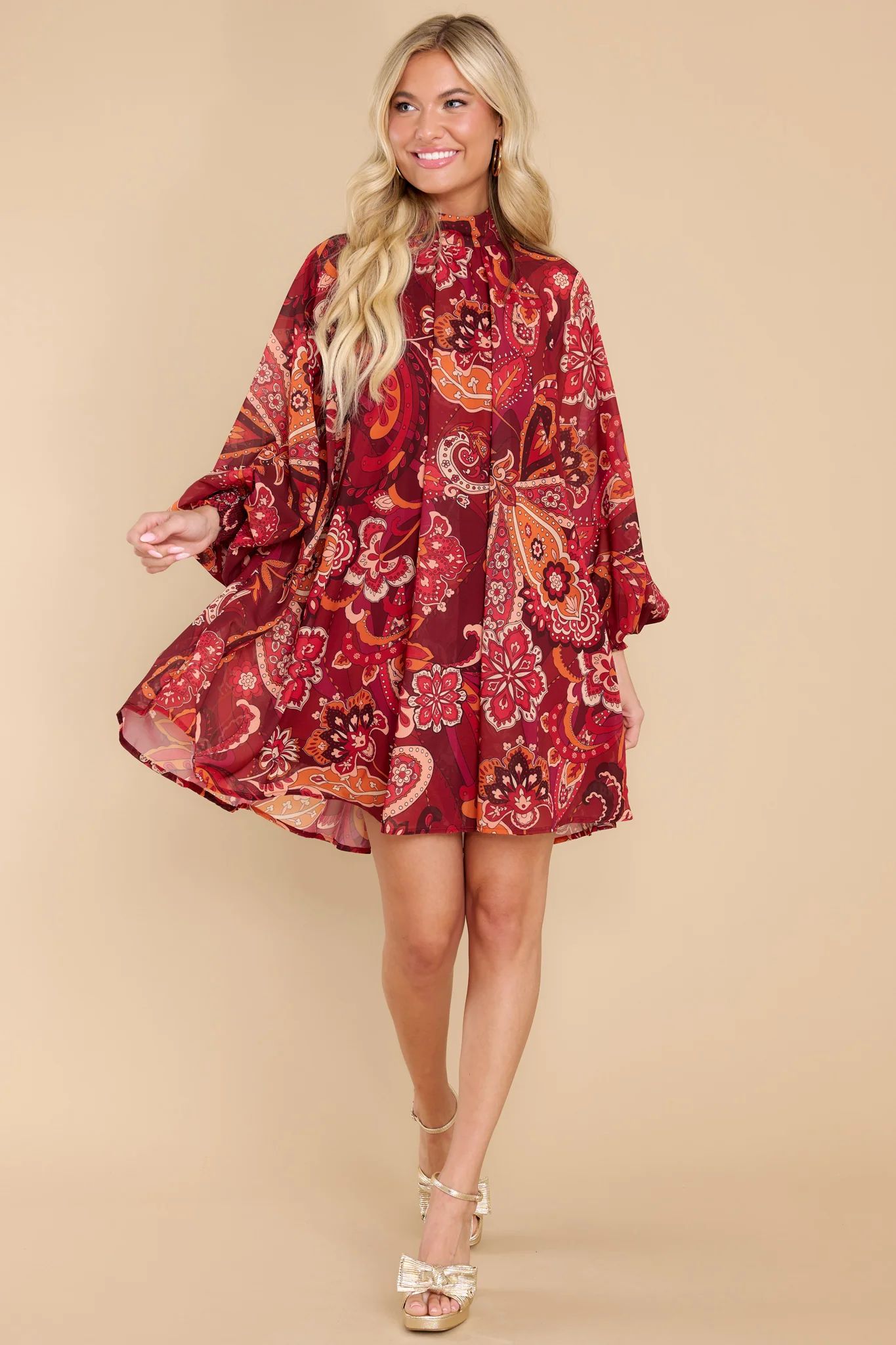 Creative Dreamer Burgundy Multi Print Dress | Red Dress 