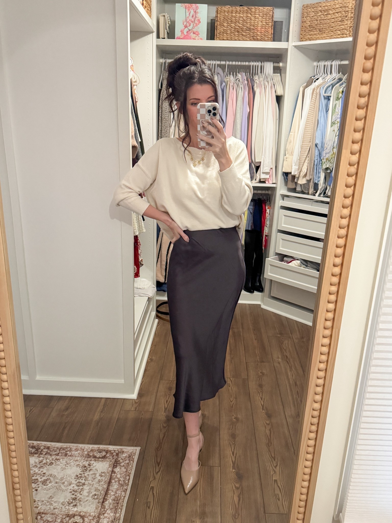 Office fit of the day 🤎 Always love a good satin midi skirt! 

#LTKootd #LTKSaleAlert #LTKWorkwear