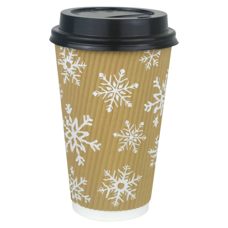 Christmas Brown and White Snowflake Disposable Paper Coffee Cups with Plastic Lids, 16 oz, 6 Coun... | Walmart (US)