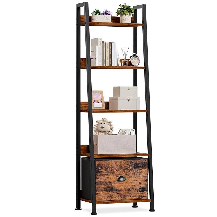 Furologee 5-Tier Ladder Shelf, Ladder Bookshelf with Removable Drawer, Rustic Bookcase Storage Ra... | Amazon (US)