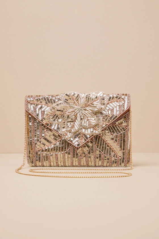 Luma Gold Sequin Beaded Flower Clutch | Lulus