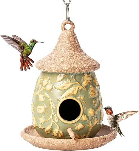 Karlliu Hanging Bird Houses Ceramic Bird House Feeder with Wooden Pole for Outside Hummingbirds C... | Amazon (US)